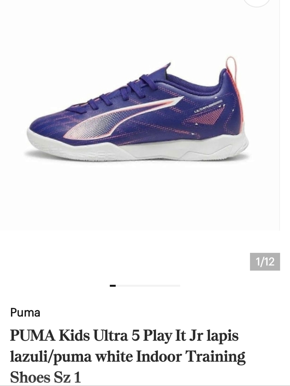 PUMA Kids Ultra 5 Play It Jr lapis lazuli/puma white Indoor Training Shoes Sz 1